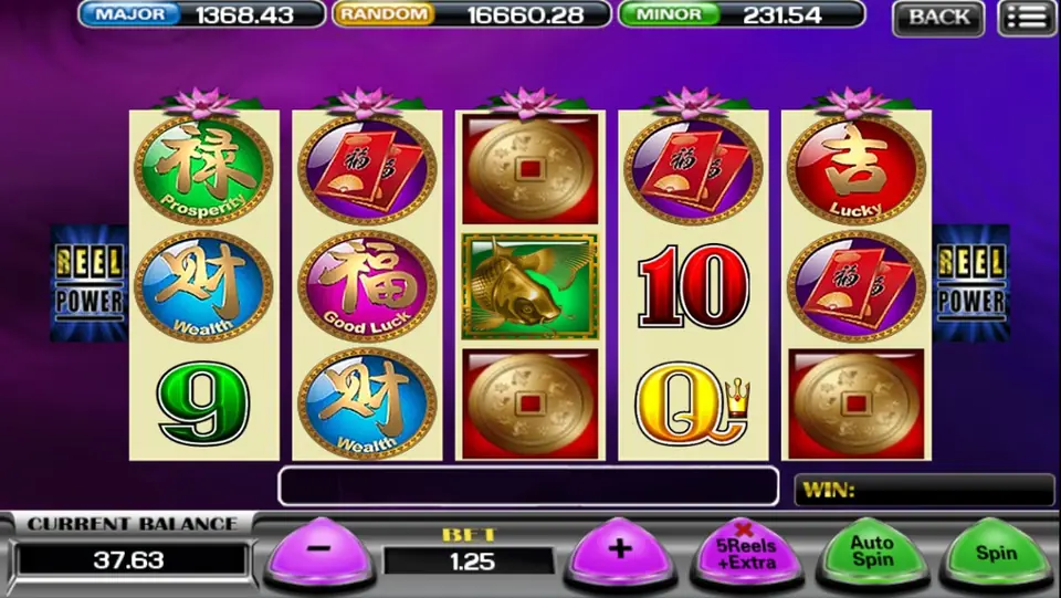 5 Koi slot reels with golden koi fish on a dark purple background
