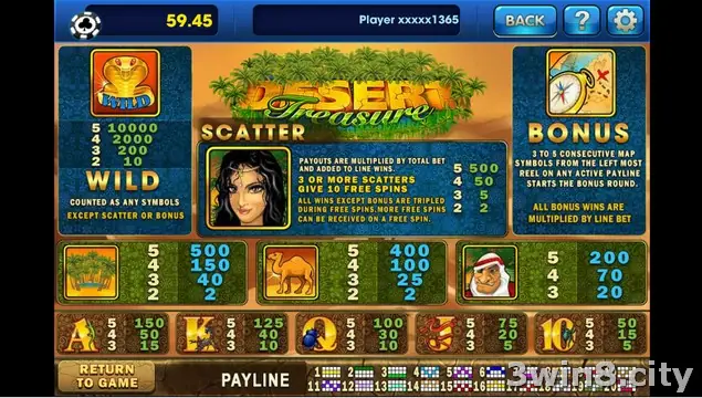 Desert Treasure slot with yellow sand background and pyramids above the reels