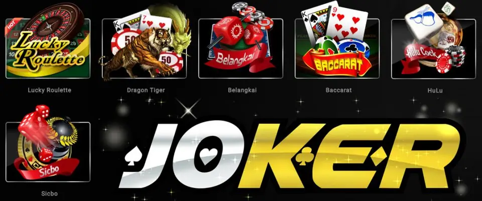 Joker123 casino banner with the Joker123 logo and joker character