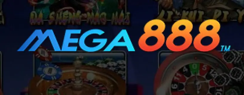 Mega888 casino app banner with slot game artwork
