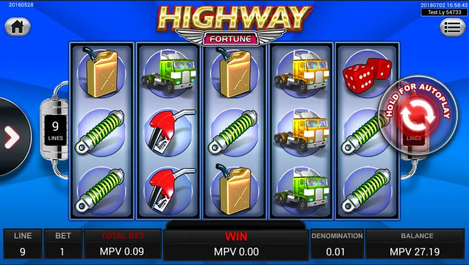 Highway Fortune reels with car symbols on a solid blue background