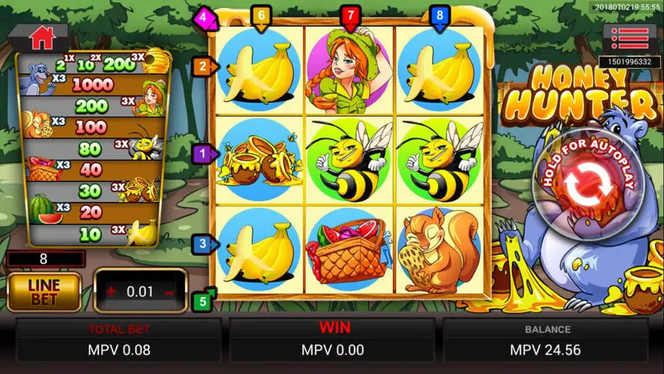 Honey Hunter reels with a cartoon bear and beehive